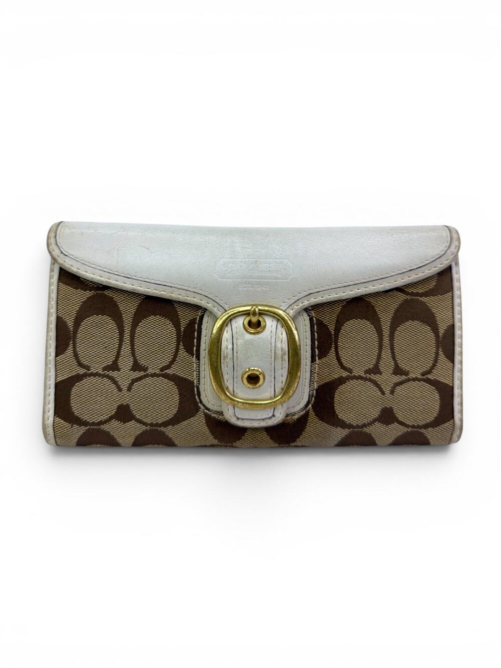 Vintage Coach Hamptons Signature Khaki Jacquard White Leather Continental Wallet